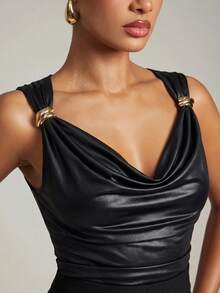 Hauture Women's Basic Casual Office Ruched Shoulder With Gold Decor Cowl Neck Top - Black - View 5