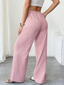 SHEIN Tall 女款長褲，紋理布料，腰部繫帶，適合高個女性 - 粉色 - 查看 2