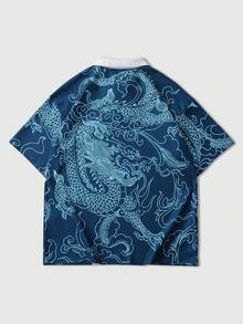 ROMWE MEN Prep Men's Street Graphic Print Polo Shirt, Suitable For Spring And Summer - Blue - View 4
