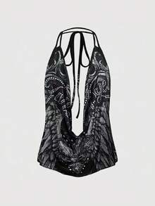 ROMWE Grunge Punk Áo tank top cổ yếm hở lưng, buộc dây, thắt nơ, khoét sâu gợi cảm phong cách Punk Vine dành cho nữ - màu đen - Xem 1