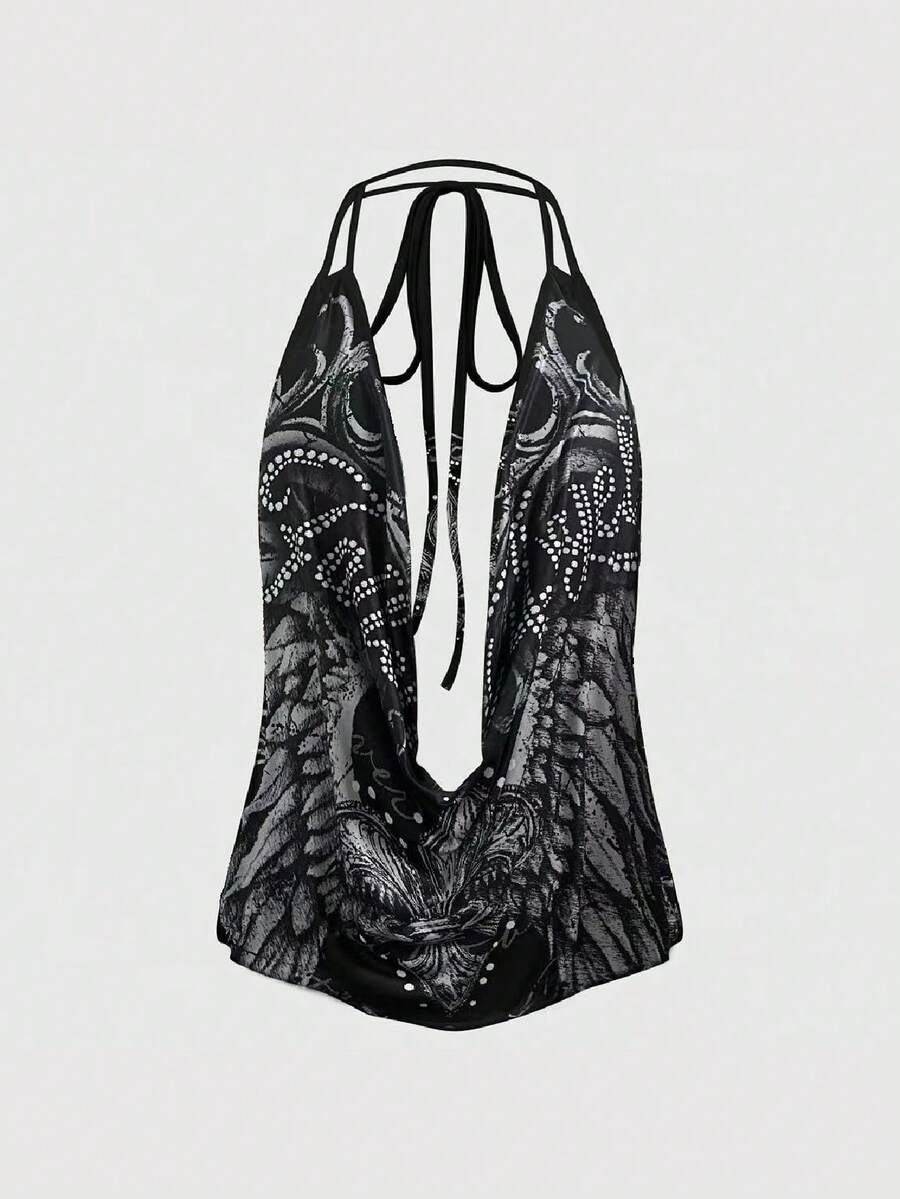 ROMWE Grunge Punk Áo tank top cổ yếm hở lưng, buộc dây, thắt nơ, khoét sâu gợi cảm phong cách Punk Vine dành cho nữ - màu đen - Xem 1
