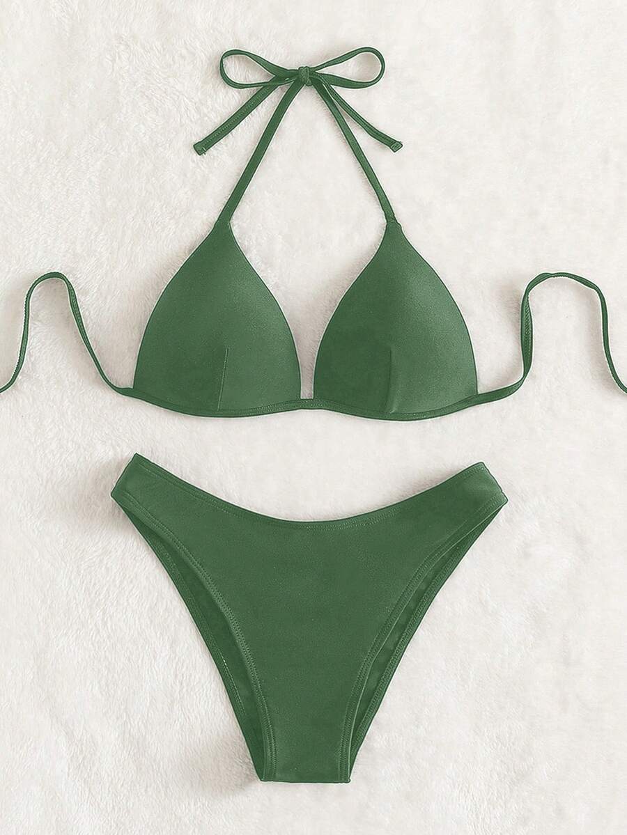 Swim Basics 女款夏季海灘素色掛脖綁帶性感比基尼與三角泳褲泳裝套裝 - 軍綠色 - 查看 1