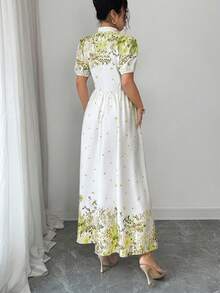 Elenzga Damen elegantes Kleid mit Blume Muster, Taillengürtel und Puffärmeln, Sommer - Lindgrün - Übersicht 2