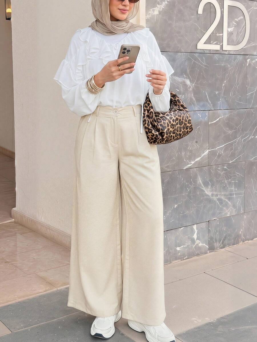 Solavon New Korean Style High Waist Casual Pleated Loose Wide Leg Pants - Apricot - View 1