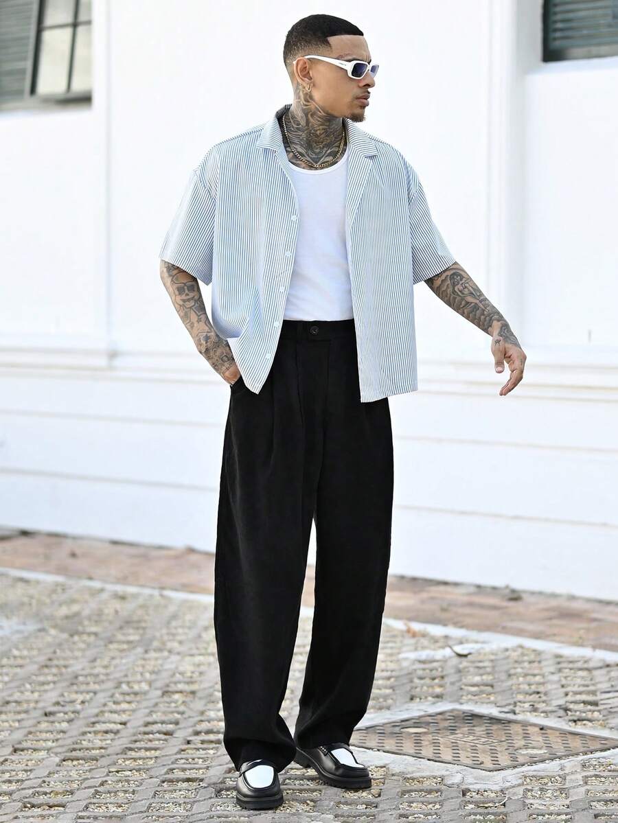 Devon Thys Men's Loose Fit Pleated Fold & Slant Pocket Pants, For Fall - Black - View 1