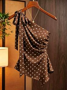 GlowEve CURVE Summer Vintage Elegant Asymmetric Shoulder Brown Blouse With Diagonal Pleated Bust Made Of Drapey Satin Acetate Fabric Plus Size Dates Formal - Coffee Brown - View 1