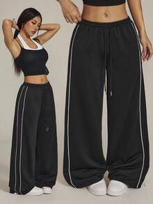 SHEIN PETITE 女士冬季街头风家居日常穿着外出运动休闲基本款条纹纹理装饰黑色低腰宽松运动裤 - 黑色 - 查看 5