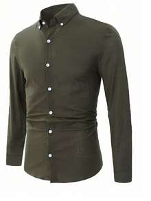Manfinity Mode Men Solid Button Up Shirt Slim Fit Long Sleeve Plain Green Work Shirt, Fall Cotton - Army Green - View 3