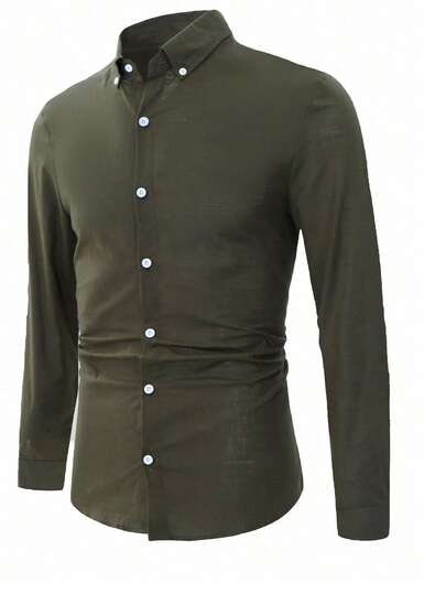 Manfinity Mode Men Solid Button Up Shirt Slim Fit Long Sleeve Plain Green Work Shirt, Fall Cotton