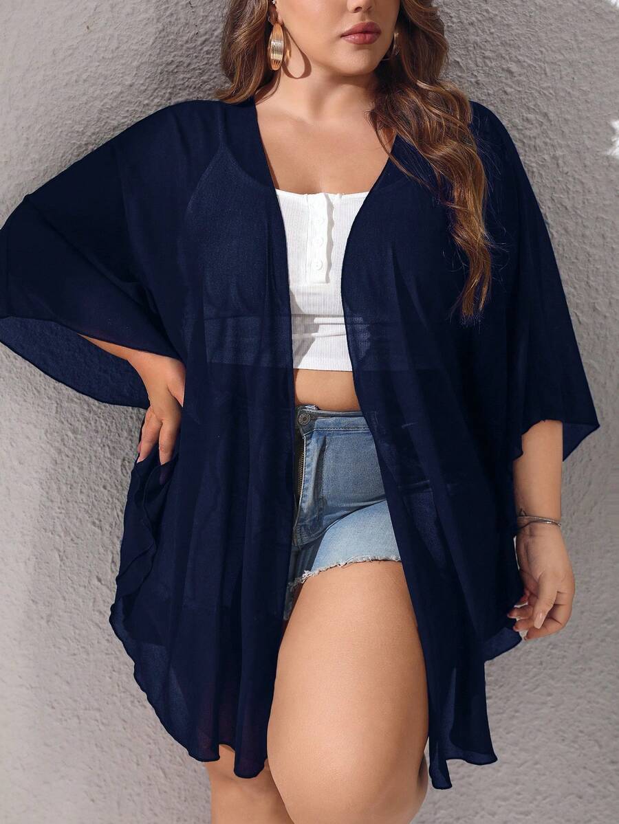 SHEIN CURVE+ 大码基础款纯色网眼拼接泳衣上装 - 藏蓝色 - 查看 1