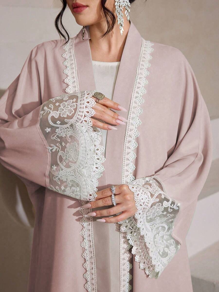 Al Najma 水溶性蕾丝开衫,纯色优雅迪拜风格长袍,长袖 - 粉色 - 查看 1