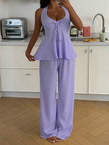 ZzzCrew Solid Color Jacquard Pajama Pants Set - Purple - View 5
