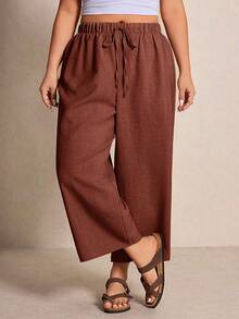 Elaquor Plus Size Solid Color Minimalist Casual Pants - Rust Brown - View 3