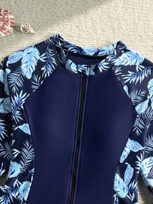 SHEIN Bộ áo tắm liền thân in họa tiết nhiệt đới dành cho bé gái tuổi teen kèm quần short - Màu xanh hải quân - Xem 4