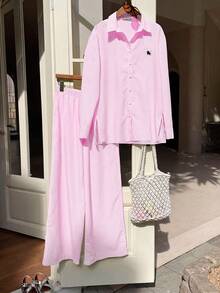 SHEIN EZwear Plus Size Pink Long Sleeve Button Front Casual Striped Shirt Fall - Pink - View 4