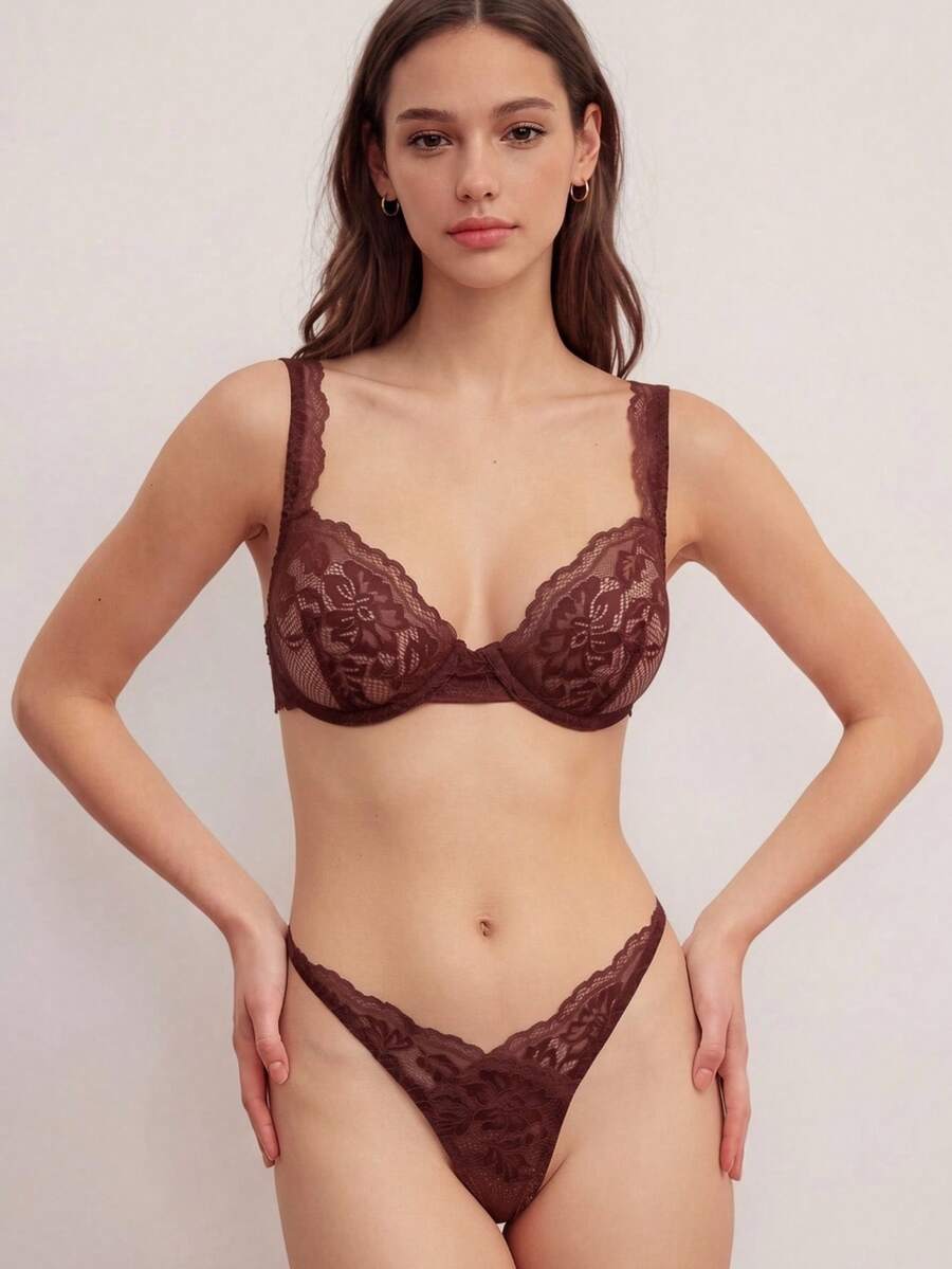 Elorette 经典性感蕾丝边钢圈+丁字裤女士外出内衣套装 - 棕色 - 查看 1