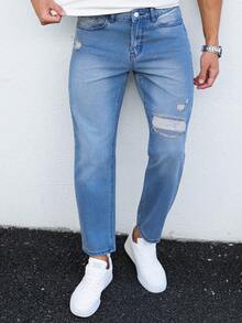 Manfinity Homme 男士休闲日常穿着做旧口袋纽扣设计牛仔裤 - 藍色 - 查看 6