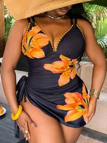 Slaydiva 2026 Spring Plus Size Women's 3-Piece Printed Bikini Set, Tie-String Triangle Bottoms, Drawstring Mini Skirt, Swimwear - Multicolor - View 3