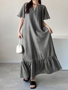 FRIFUL Women's Hollow Neckline Patchwork Pleated Full Skirt Long Dress - Grey - View 1