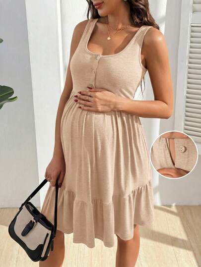 GentleRue Maternity Đầm cho con bú không tay cổ chữ U màu trơn, viền bèo nhún, kiểu dáng thường ngày, thoải mái, thích hợp cho mùa hè.