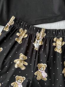 SHEIN 少女睡衣，舒适针织面料，可爱卡通熊印花 - 黑色 - 查看 5