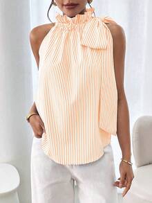 SHEIN Clasi Blus Tanpa Lengan Wanita Motif Garis-Garis dengan Kerah Berkerut dan Pita, Musim Semi/Panas - Jeruk - View 4