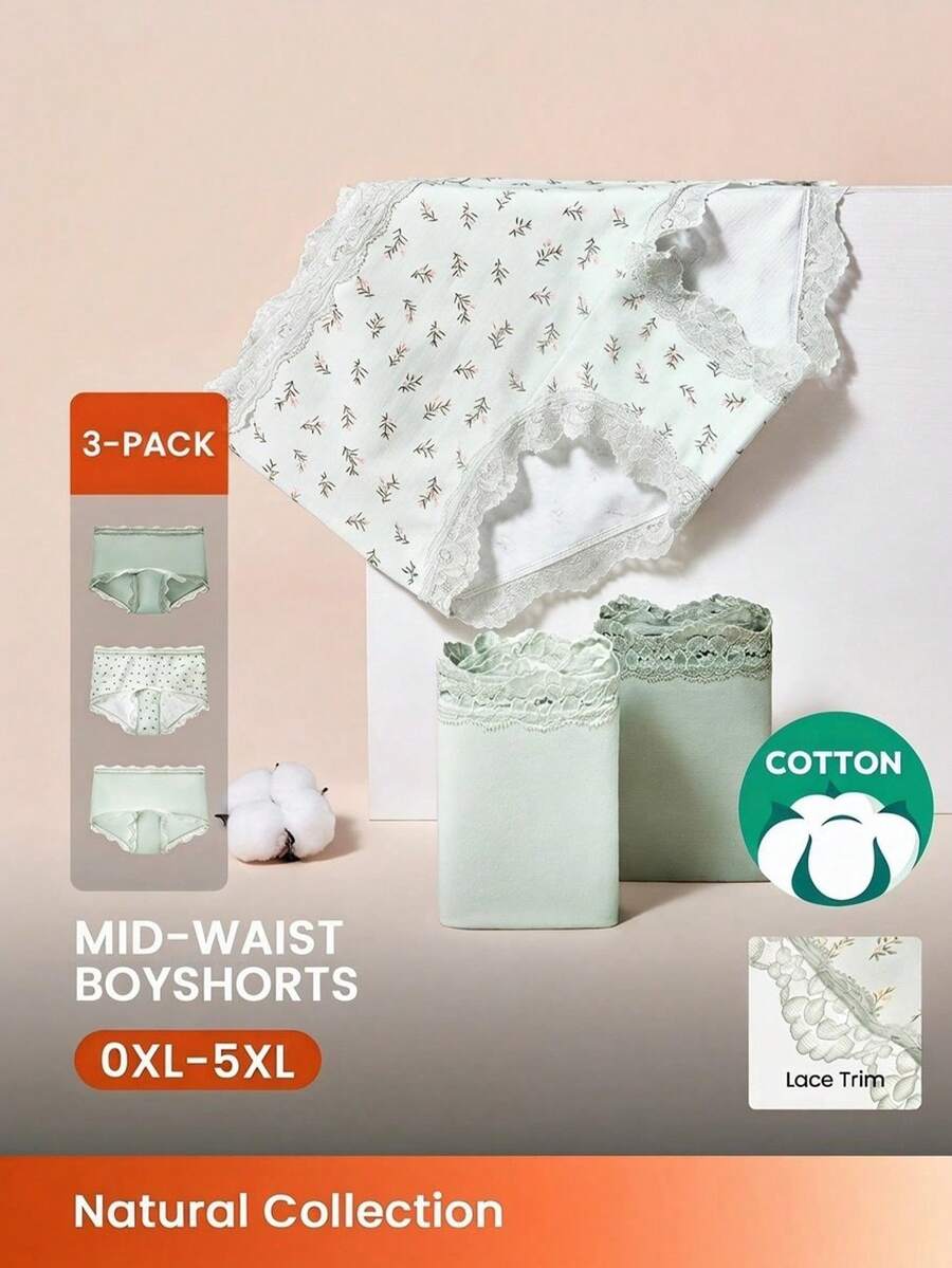 LUVLETTE Bộ 3 quần lót nữ cạp cao bằng cotton viền ren, kiểu quần đùi ngắn cơ bản - Họa tiết hoa, viền ren - Màu xanh lá cây - Nhiều màu - Xem 1