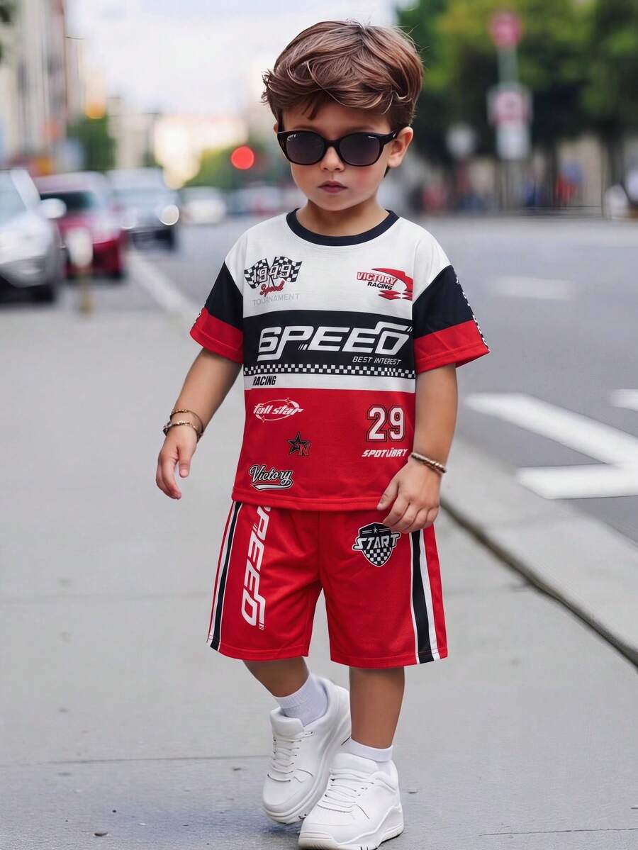SHEIN Conjunto de 2 peças para meninos, casual, moderno, clássico, esportivo, com estampa gráfica de texto, gola redonda e manga curta, ideal para primavera/verão. Perfeito para a primavera/verão. - Vermelho - Ver 1