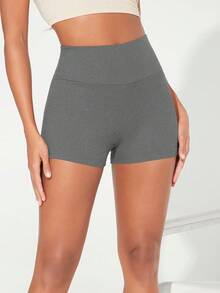 SHEIN BASICS Women's Solid Color High Waist Slim Fit Shorts - Grey - View 7