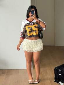 Coolane Women's Plus Size Summer Concert Going Out Party Chic Sexy Vacation Lace Stretchy Elastic Waistband Beige Mid Rise Ruffle Shorts Festival - Beige - View 4