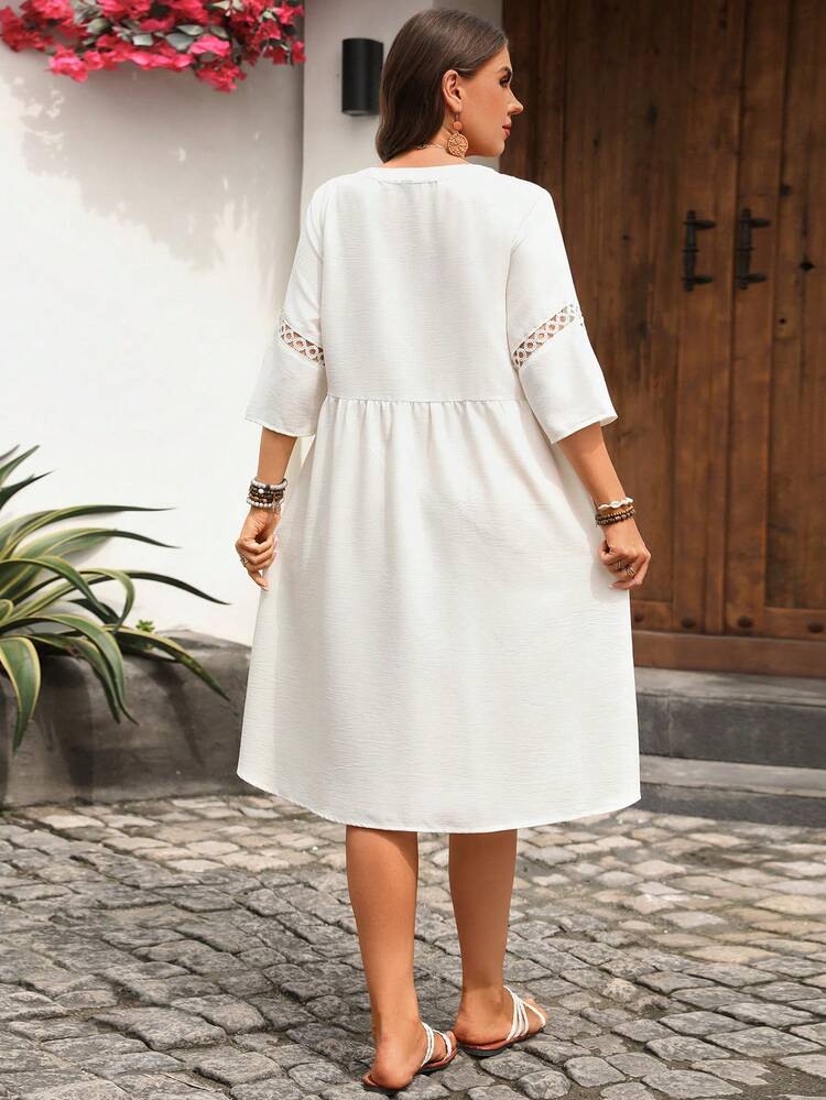 Plus Size Women's Patchwork Ribbon Vacation Summer Cutout Neck White Dress