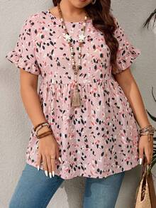 EMERY ROSE Plus Size Casual Resort Style Ruffled Sleeve Allover Print Shirt,Summer Outfits For Women/Summer,Tropical Vacation Woman Clothes - Coral Pink - View 6