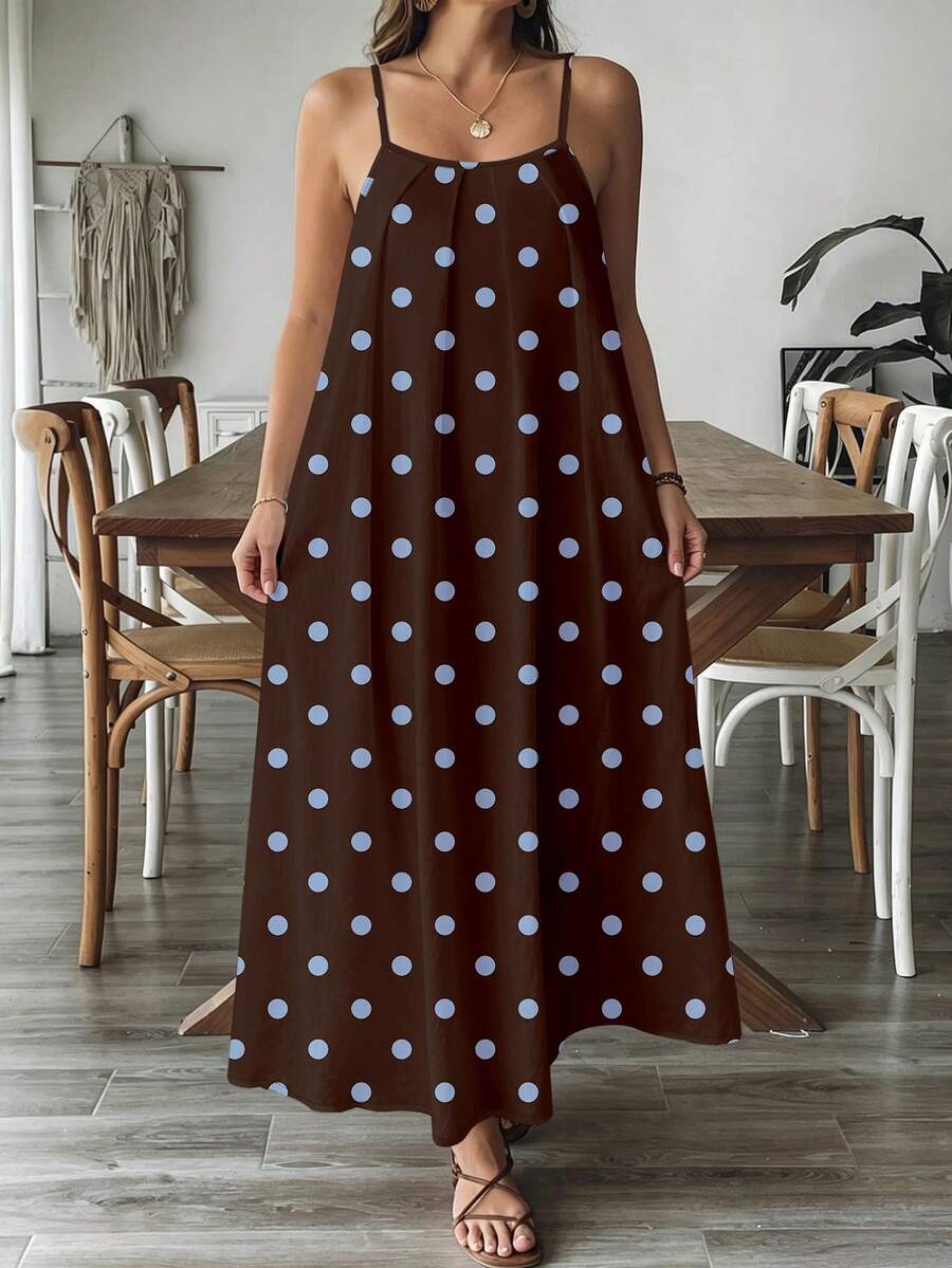 SHEIN VCAY Đầm maxi dáng rộng hai dây màu nâu và xanh nhạt chấm bi, kiểu dáng thường ngày, thích hợp cho kỳ nghỉ của nữ - Đầm slip đi biển không tay có túi. - màu nâu - Xem 1