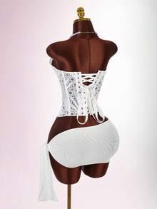 Amplova Women's Sexy Sheer Embroidered Bandeau Top And Tie-Up Mini Skirt 2 Pieces Set, Summer Night Out Club White - White - View 8
