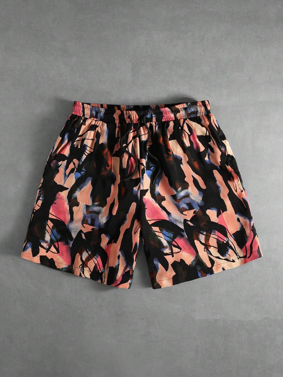 ROMWE MEN Street Life Men's Elastic Waist Shorts With Artist Graffiti Print - Multicolor - View 1