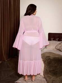 Slumberist Sexy Sheer Mesh Fabric Long Sleeve Robe With Ruffle Hem, Plus Size, Pink Patchwork - Pink - View 2
