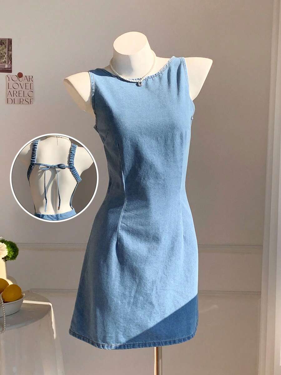 Soleia 女款夏季極簡休閒收腰無袖露背牛仔洋裝 - 藍色 - 查看 1