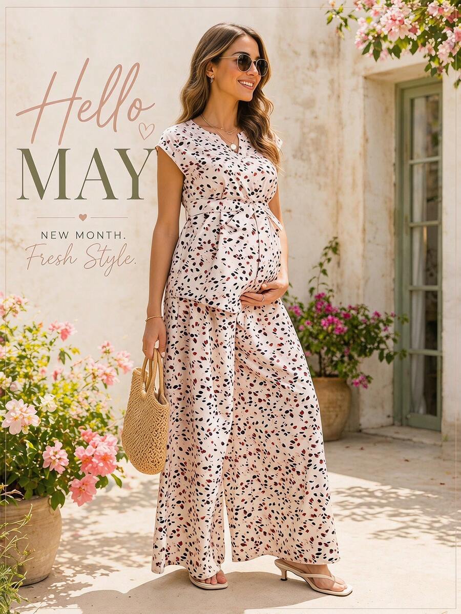 SHEIN Bộ đồ bầu mùa hè, áo không tay thắt eo in hoa và quần ống rộng cạp cao, bộ 2 món rộng rãi và thoải mái cho bà bầu. - Nhiều màu - Xem 1