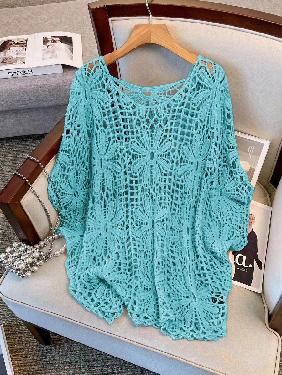 GlowEve CURVE Plus Size Women Solid Color Hollow Out Knit Sweater Fall - Baby Blue - View 1