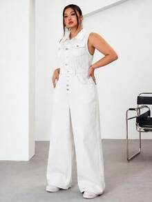 SHEIN EZwear 大码女式纽扣前开襟休闲口袋无袖阔腿牛仔连体裤 - 白色 - 查看 4
