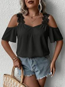 SHEIN Clasi Plus Size Women's Lace Trim Splice Spaghetti Strap Off Shoulder Solid Color Elegant Blouse, Spring/Summer New Arrival - Black - View 4