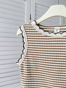 SHEIN 少女宽松休闲简约舒适圆领无袖条纹背心和短裤套装 - 咖啡棕 - 查看 5
