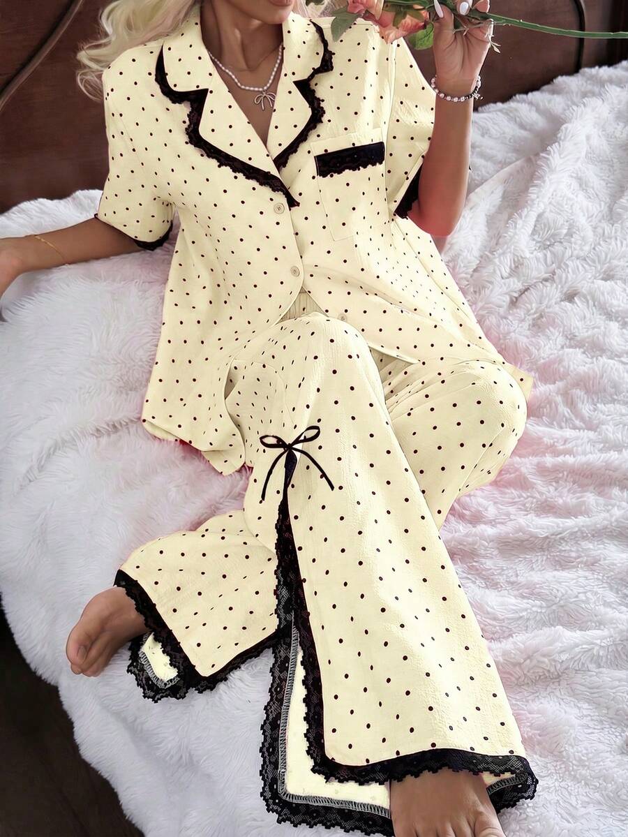 Đồ ngủ nữ kiểu váy ngủ tay ngắn dài, ren thắt nơ ngọt ngào. - Màu be - Xem 1