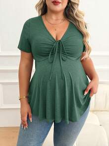 Plussiva 孕妇加大码纯色V领短袖系带休闲透气上衣 - 綠色 - 查看 3