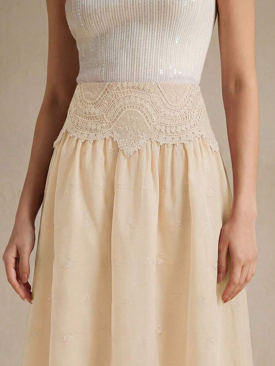 Anewsta New Arrival Spring/Summer Fashionable Elegant Vacation Style Outing Date Festival Water-Soluble Embroidery Flared Maxi Skirt For Women - Apricot - View 1