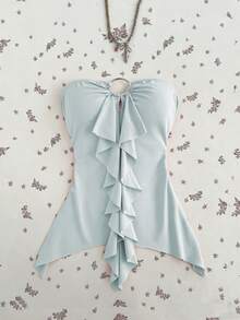 Elamini Summer Casual Solid Color Ruffle Bandeau Top - Baby Blue - View 2