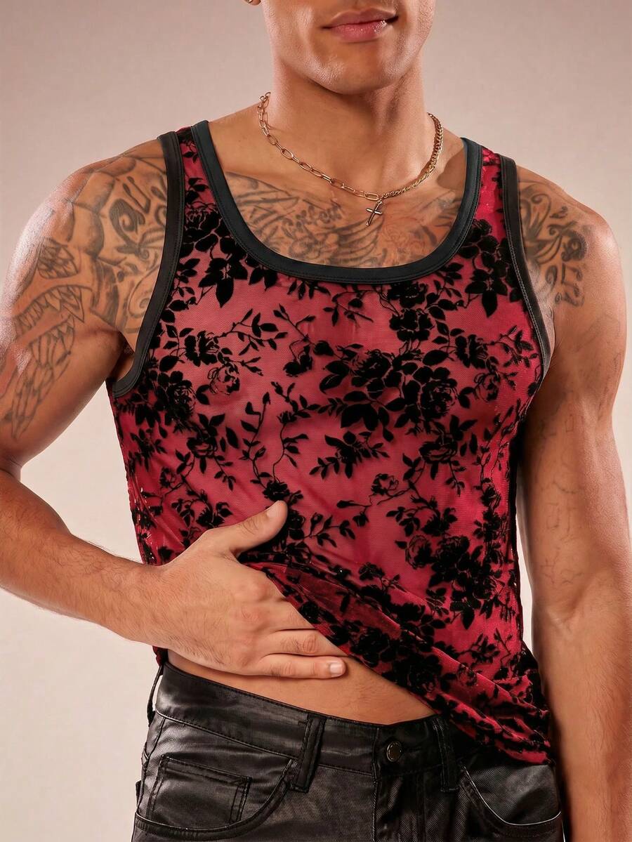 FeverCity Camiseta de tirantes de malla con estampado para hombre - Burdeos - Ver 1