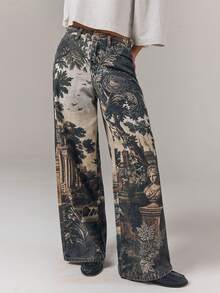 Athîral Denim 女士休闲哥特印花阔腿牛仔裤，适合约会、派对和街头穿着 - 彩色 - 查看 7