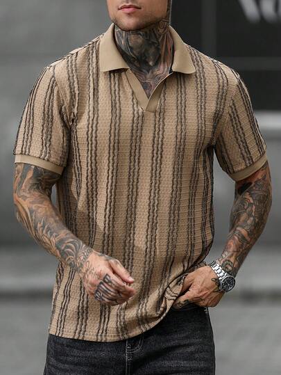 Manfinity CasualCool Áo polo nam cổ chữ V dệt kim sọc dọc, chất liệu jacquard, thích hợp mặc hàng ngày, quà tặng cho chồng/bạn trai.