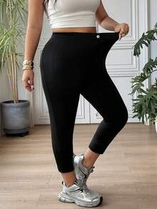 SHEIN EZwear 大码女式休闲纯色高腰修身七分裤，日常通勤百搭。 - 黑色 - 查看 3